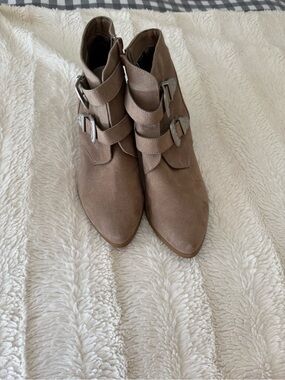 Christian Siriano Taupe Suede Buckle Ankle Boots